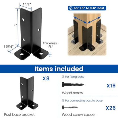 Muzata 8Pack Adjustable Post Base Brackets for Heavy Duty Wood Fence WT32
