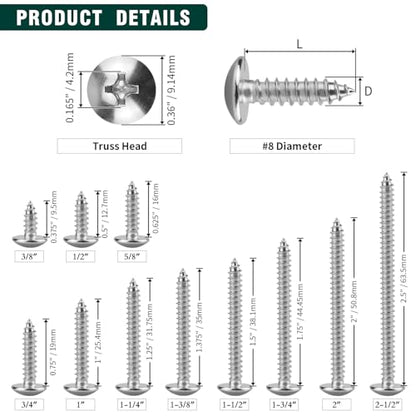 #8 x 1-1/2" Truss Head Wood Screw, Phillips Truss Head Self Tapping Sheet Metal Tek Screw, 18-8 Stainless Steel 304, Brgiht Finish, 100 PCS - size: #8 x 1-1/2"