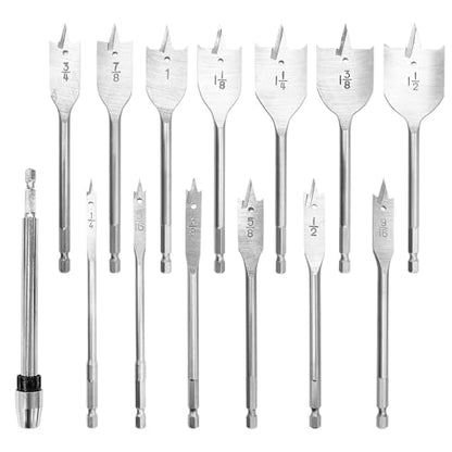 14-Piece Spade Drill Bit Set, Carbon Steel Paddle Flat Bit with 6-Inch Drill Bit Extension, 1/4" to 1-1/2" Assorted Spade Drill Bits for Hole Cutter Woodworking