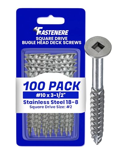 Fastenere Stainless Steel 18-8 Deck Screws - #10 x 3-1/2" (100 Pack) Wood Cutting Point, Square Drive, Partial Thread, Bright Finish for Wood, Exterior, Decking, Composite, Fencing, Type 17 Point - style: #10 x 3-1/2"