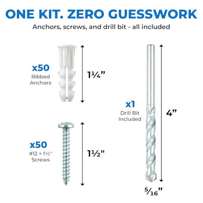 Qualihome Drywall Anchors and Screws Kit with Drill Bit – 50 Anchors & 50 Screws for Drywall, Plastic Wall Anchors for Picture Frames, Shelves, Mirrors, Ribbed Design (14-16 x 1-1/4") - size: 14–16 x 1” | 50 Pack + Bit