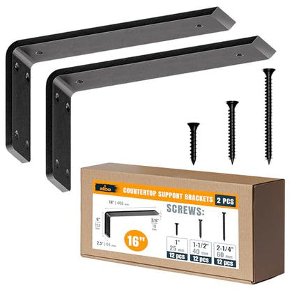 ALBO 16" Heavy Duty Countertop Support Brackets 2PCS, 600 lb 3/8" Steel – Hidden Knee-Wall Corbel | Matte Black Powder-Coated L Brackets Incl Screws & Anchors for Quartz Granite Wood Concrete Laminate - size: 16 Inch, style: Standard Duty