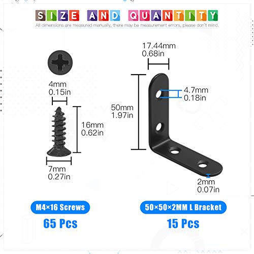 Glarks 15 Set 50mm Black L Bracket Right Angle Corner Brace Joint Fastener for Wood Chair Bookshelf Board Window Furniture Cabinet (50x50x2mm) - size: 50x50x2mm