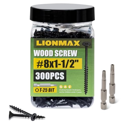 LIONMAX Wood Screws 1-1/2 Inch, Deck Screws #8 x 1-1/2", 300 PCS, Black - color: Black, size: #8 x 1-1/2"