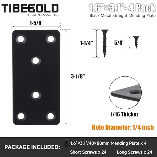 Mending Plate, Black Metal Flat Straight Brace Bracket, Double-Wide Metal Plate, Joining Plate for Wood Furniture Fence Fastening with Screws in 2 Different Lengths (40x80mm, 4 Pack) - size: 1.6" × 3.1"
