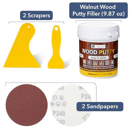 Bates- Wood Filler Putty Repair Kit, 9.87 Ounce, 2 Scrapers, 2 Sandpapers, Walnut Wood Putty Filler Paintable & Stainable for Cracks, Holes and Defects in Wooden Furniture - color: Walnut