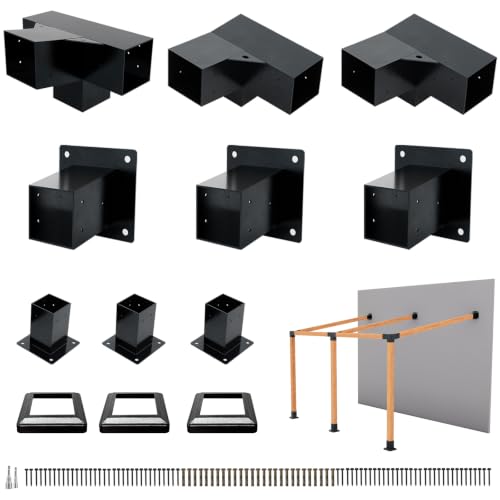 6 PCS Iron Pergola Brackets with 3 Post Bases & Covers - size: 12-Pc Wall Kit: 3Brackets+2Corners+1 4-Way+3Bases