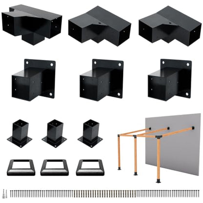 6 PCS Iron Pergola Brackets with 3 Post Bases & Covers - size: 12-Pc Wall Kit: 3Brackets+2Corners+1 4-Way+3Bases