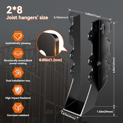 50 Pcs Black Joist Hangers 2x8, 18 Gauge Rafter Brackets , Hurricane Straps for 2x8 Face Mount Joist Hangers for Shed/Barn/Coop/Porch/Truss/Decks, Structurally Sound and Aesthetically Pleasing - size: 50 Pcs 2x8, style: Black Joist Hanger