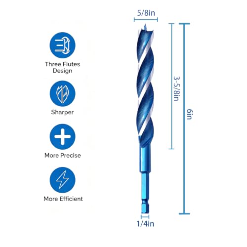 Auger Wood Drill Bit 5/8" x 6" x 2 Packs, Tri-Flute, 1/4 Inch Quick Change Hex Shank - size: 5/8" x 6" x 2Pcs