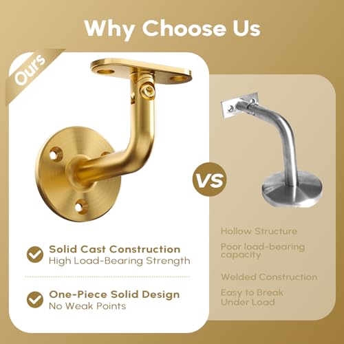 304 Stainless Steel Handrail Brackets for Indoor Stairs, 270° Adjustable Railing Bracket, Heavy Duty Wall Mount for Square & Flat Rail (Gold, 4 Pack) - style: Gold - 4 Pack