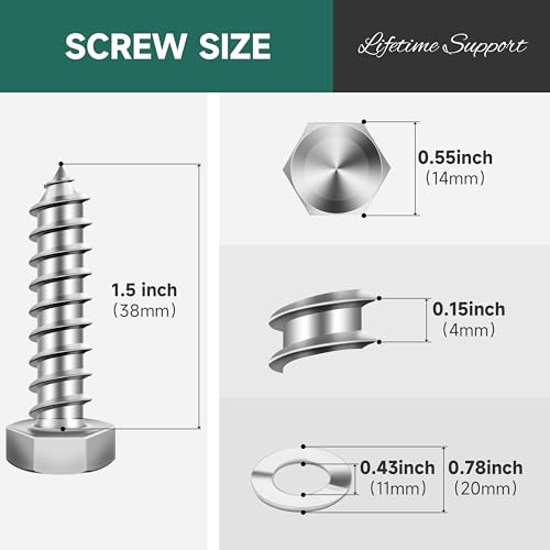 (10Sets) 3/8" x 1-1/2" Hex Head Lag Bolts, Heavy Duty Lag Screws with Washers, 304 Stainless Steel 18-8, 3/8 Bolt for Wood, Partial Thread - size: 3/8" x 1-1/2"