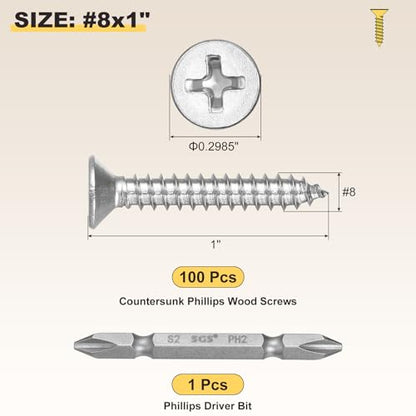 METALLIXITY 101Pcs #8x1 Countersunk Phillips Wood Screws Kit SS304 - color: Silver, size: #8x1"