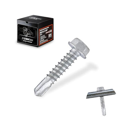 SUNKIN 100PCS Self Tapping Screws for Metal, Bi-Metal Stainless Steel 304 Rustproof, #12 x 1-1/8" Hex Head, Hardened Self Drilling Tip for Steel, Extreme Long Service Life - size: #12 x 1-1/8 inch (100 pcs)