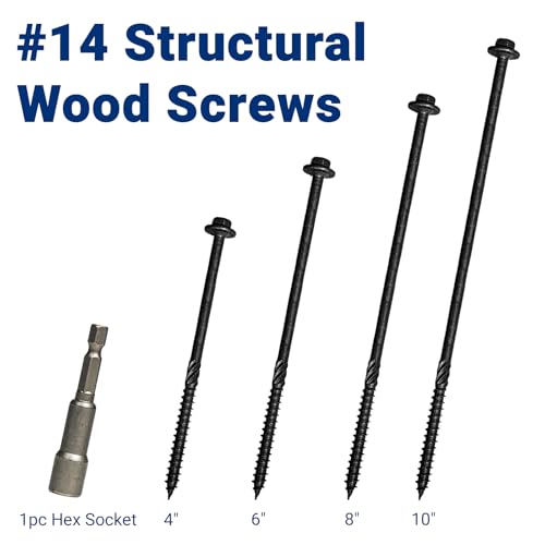 Lag Screws 10 Inch, #14 x 10 Structural Wood Screws, 50Pcs Heavy Duty Construction Screws, Long Deck Timber Screws, Hex Washer Head, Black Rust Resistant Coated, Hex Socket Included - size: #14 x 10