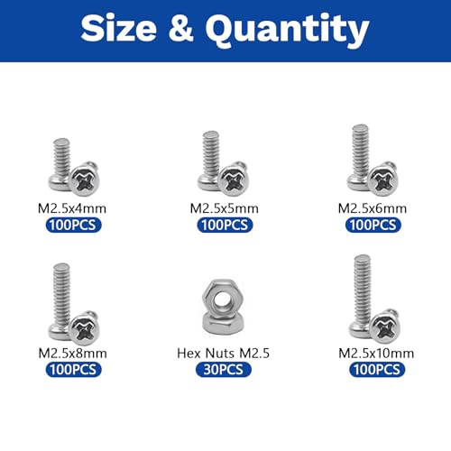 530Pcs 304 Stainless Steel Metric Micro Screws Nuts Assortment, M2.5x4/5/6/8/10mm Sizes, Phillips Pan Head, Fully Threaded Kit for Arduino, RC Models, Electronics, DIY Projects - size: M2.5x4/5/6/8/10- 530 Pcs