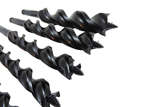 WoodOwl 6 Piece Set with 3/8", 1/2”, 5/8", 3/4”, 7/8" and 1” x 7-1/2” Long Ultra Smooth Tri Cut Auger Hand Brace Boring Bit PTEE coated 09703-09713