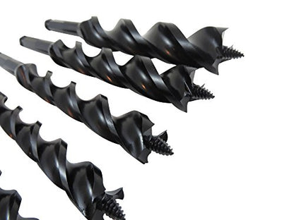 WoodOwl 6 Piece Set with 3/8", 1/2”, 5/8", 3/4”, 7/8" and 1” x 7-1/2” Long Ultra Smooth Tri Cut Auger Hand Brace Boring Bit PTEE coated 09703-09713