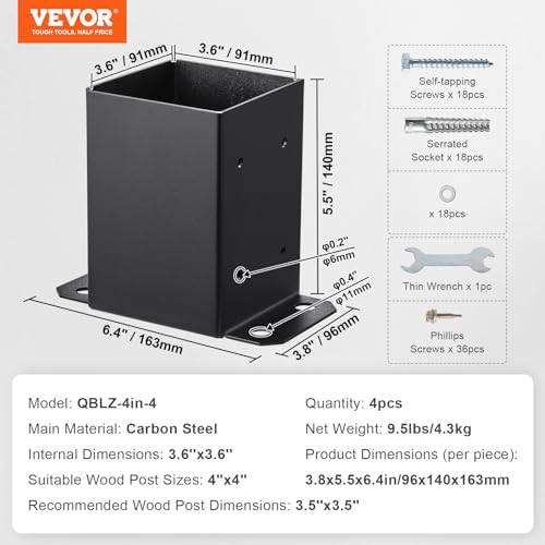 VEVOR 4x4 Post Bracket, 4PC Post Base Brackets, Inner Size 3.6"x3.6" Heavy Duty Powder-Coated Post Anchor Matte Black Wood Post Brackets for Pavilion Deck Railing Support Deck Base Plate - size: 4x4 4pc