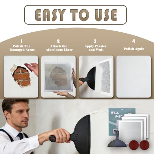 Drywall Repair Kit, 3 Pcs, 12x12in Self-Adhesive Patch with Sandpapers and Scrapers, Quick Fix for Large Holes, Cracks, Ceiling, Bathroom Wall Damage