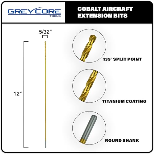 Greycore Tools 5/32 Inch x 12 Inch Cobalt Aircraft Extension Bit – M35 Cobalt Drill Bit, Industrial Titanium Coating – Drill Bits for Steel, Hard Metal, Cast Iron, Wood, Plastic (5/32" x 12") - size: 5/32" x 12", style: 12" Length
