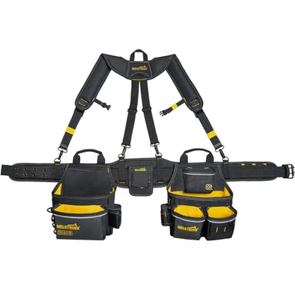 MELOTOUGH Carpenters Tool Belt with Suspenders Professional Tool Belt Combo Organizer With Tool Pouch Suspenders with 32 Pockets and Loops fits 33"-47"Waist for Electrican/Contractor/Technican(Yellow)