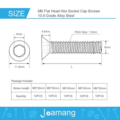 M6 x 30mm 35mm 40mm 45mm 50mm Flat Head Hex Socket Cap Screws Countersunk Bolts, 10.9 Grade Alloy Steel, Black Oxide Finish, Metric Allen Drive, Fully Threaded, Assortment Kit 50Pcs - size: M6 x 30/35/40/45/50 mm