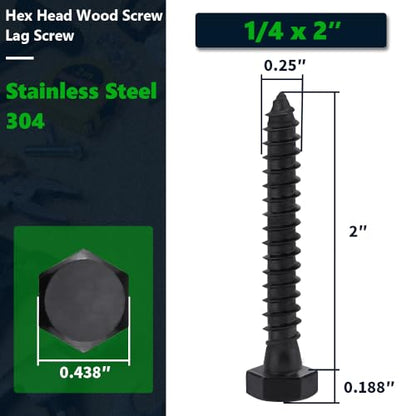 20-Sets 1/4 x 2 Black Hex Head Lag Screws & Flat Washers, Heavy Duty Wood Lag Screws, 304 Stainless Steel (18-8), 1/4" Bolt - size: 1/4 x 2