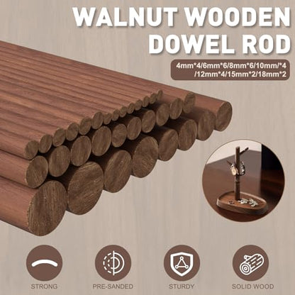 32Pcs 7 Size Walnut Wooden Dowel Rods 5.9Inch Long Wooden Dowel Rods Sticks 4/6/8/10/12/15/18mm Wood Sticks for Crafts Unfinished Round Sticks for Crafts and Woodworking Building Material - size: 5.9inch