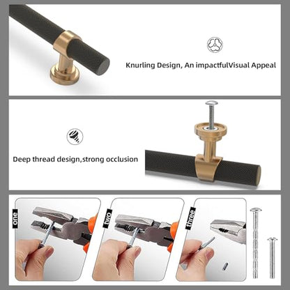 10 Pack 3 Inch Cabinet Pulls knurled Matte Black and Champagne Bronze Kitchen Cabinet Handles Aluminum and Zinc Alloy Drawer Pulls Solid Cabinet Hardware - color: Black and Champagne, size: 3'' Hole Center(76mm)