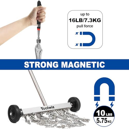 Toolwiz 15" Rolling Magnetic Sweeper with Telescopic Magnetic Pick Up Tool - size: 15 inches + 16 LB Pick Up Tool