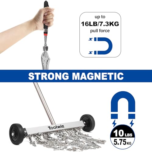 Toolwiz 15" Rolling Magnetic Sweeper with Telescopic Magnetic Pick Up Tool - size: 15 inches + 16 LB Pick Up Tool