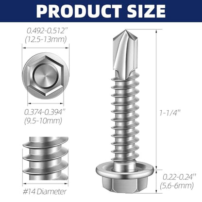 #14 x 1-1/4" (3/4" to 3" Available) Hex Washer Head Self Drilling Sheet Metal Screws with Drill Point, Stainless Steel 410, 50 PCS - color: Silver, size: #14 x 1-1/4"