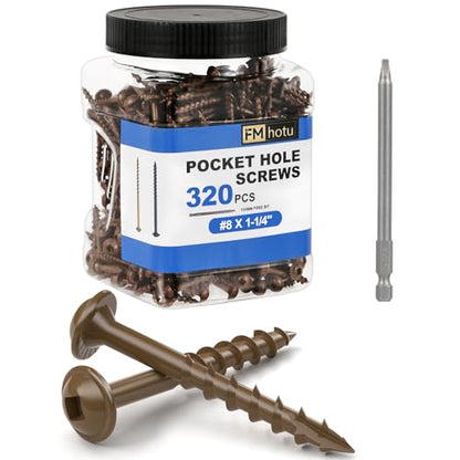 #8 Pocket Hole Screws 1-1/4 Inch, 320Pcs Coarse Thread Wood Screws, Square Drive, Washer Head, 4-Layer Coating, Drive Bit Included (Brown) - color: Brown, size: #8 x 1-1/4"