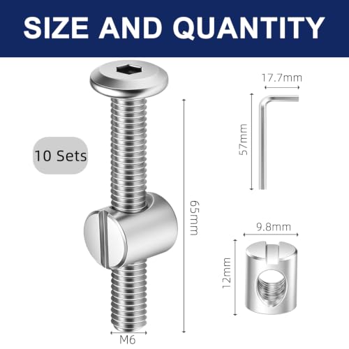 M6 x 65mm Flat Head Socket Head Screw Furniture Bolts and Barrel Nuts, with Allen Wrench Perfect for Furniture, 10 Sets - color: Silver, size: M6 x 65mm