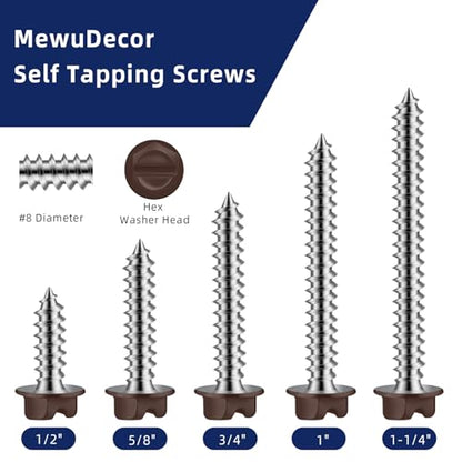 #8 x 1 Brown Painted Hex Washer Head Self Tapping Screws, Self Piercing Gutter Screws, Socket Bit Included, 100 PCS - color: Brown, size: #8 x 1"