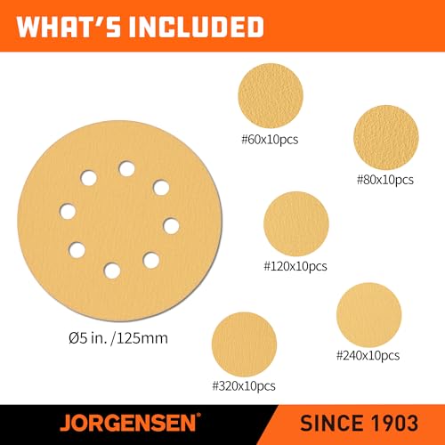 Jorgensen 50-Piece 5-Inch Premium Sanding Discs, 8-Hole Hook and Loop