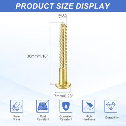 MECCANIXITY 35 Pcs Brass Screws, M3.5 x 30mm Solid Slotted Round Head Self-Tapping Wood Screw Fasteners for Woodworking Furniture Repair Photo Frame Drywall Home Appliances, Gold - size: M3.5 x 30mm