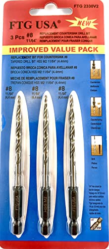 FTG USA 3Pc #8 (11/64") Replacement Countersink Drill Bit Set Tapered Bits - size: #8 (11/64"), style: 3 Bits w/o cutter