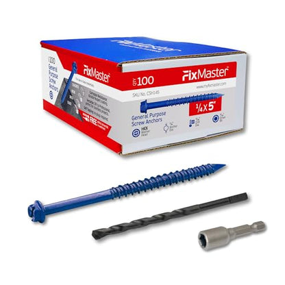1/4 x 5" Hex Head Blue Concrete Screw Anchors with 1 Screwdriver and 1 Drill Bit for Concrete, Masonry, Block, Brick and Wood Fastening (100 Screws per Box) - size: 1/4 x 5"