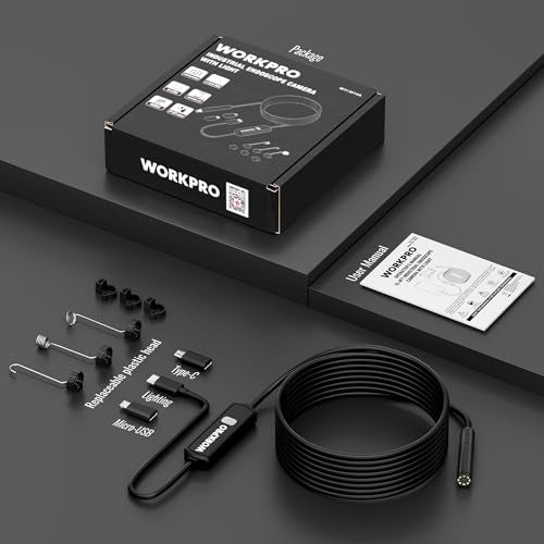 WORKPRO 1920P HD Endoscope Camera with Light, 16.4FT Semi-Rigid Borescope