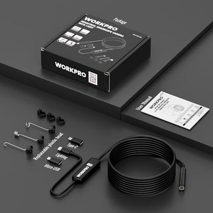 WORKPRO 1920P HD Endoscope Camera with Light, 16.4FT Semi-Rigid Borescope