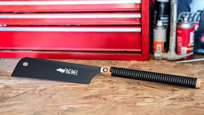 Clarke Brothers Japanese style Pull Saw Set of 2 – Kataba & Dozuki 10 Inch Blades with 1 Rattan Wooden Handle – Silver and Black Steel Blades, 14 TPI & 21 TPI – Woodworking Hand Saw Kit