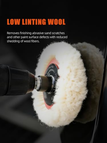 SPTA Wool Polishing Pad, 5Pcs 3"(75mm) 100% Natural Wool Buffing Pad with 1Pc Hook&Loop Backing Pad, 1Pc Extension Shank for Drill Polisher Cutting, Car Body Repair Buffing