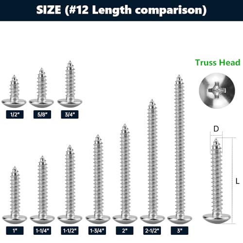 #12 x 1-1/2" Stainless Steel Truss Head Self Tapping Screws, 304 SS (18-8), Phillips Drive, Corrosion Resistant Screws for Wood, Metal & Sheet Metal Projects, 50 Pack - size: #12 x 1-1/2"
