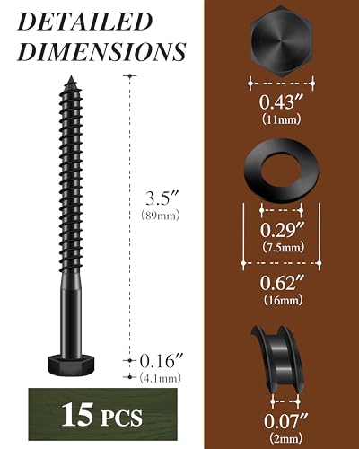 (1Box) 1/4" x 3-1/2" Hex Head Lag Screws Bolts with Flat Washers, 15Sets Black 304 Stainless Steel 18-8 Heavy Duty 1/4 Lag Bolts for Wood with Hex Socket - size: 1/4" x 3-1/2", style: 1-Box