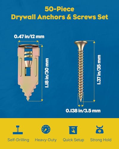 Vibit Self Drilling Drywall Anchors, Heavy Duty Wall Anchors for Drywall, Metal Dry Wall Anchors and Screws Kit, Carbon Steel Sheetrock Anchors with #6 x 1 3/8" Screws, Picture Hanging Kit, 50 Pcs - size: 50 Pcs