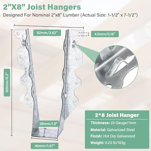 2x8 Joist Hangers 25PCS 20Gauge Rafter Bracket Double Shear Hanger