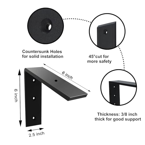 Countertop Support Bracket 3 Pack 6 inch Heavy Duty 3/8" Thick Black Granite Countertop Bracket 6"x6"x2.5" Shelf L Bracket Mantel Corbels for Quartz/Granite/Wood/Concret/Laminate Countertops - size: 6"x6"x2.5"-3pack, style: Black-3/8" Thick