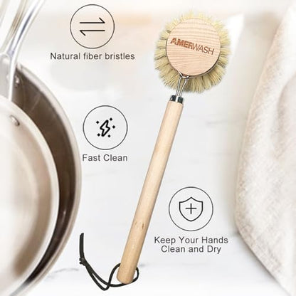 AMERWASH PLUS Dish Brush with Wooden Handle, Natural Kitchen Brush for Dishes Vegetable, Pots and Pans, Tampico Fiber Bristles Scrubber, Extra 3 Pack Replacement Head Included